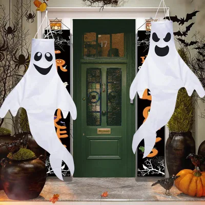 Halloween Party Supplies Decorations Outdoor LED Ghost Windsock Hanging Decor Hallowmas Wind Sock Yard Tree Luminous Ghost Flag